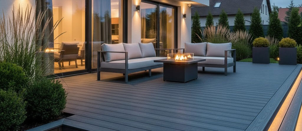 Nowoczesny taras kompozytowy z oświetleniem - Realizacja Gotowy taras z deski kompozytowej antracyt z podświetleniem LED schodów